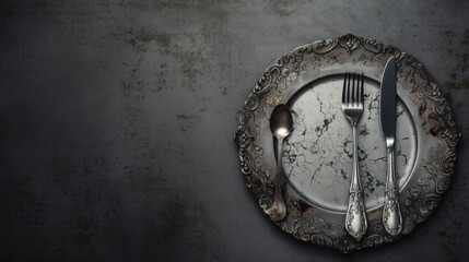 plate and serving of cutlery on a gray background