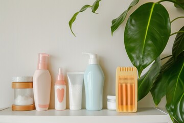 shelf with baby lotion, powder, and comb set next to a plant - obrazy, fototapety, plakaty