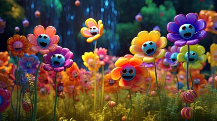 3D generated image of colorful dancing and singing flowers, kids animation movie