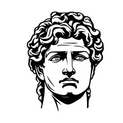 White gypsum copy of ancient statue of Apollo God of Sun head isolated on a white background. Plaster sculpture of man face. Renaissance portrait
