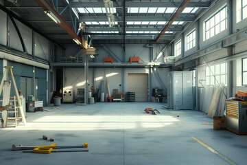 Fototapeta premium An empty industrial warehouse full of tools. Background image. Created with Generative AI technology