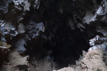 A large cave in the forest surrounded by large rocks and water flowing from the mouth of the cave.