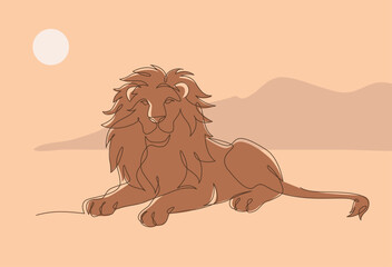 Continuous line drawing sitting lion. Front view single linear decorative design concept. Color abstract minimal style, Hand drawn isolated on brown background. Vector design illustration.