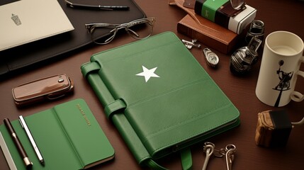 A Green Notebook With White Stars and a Crescent
