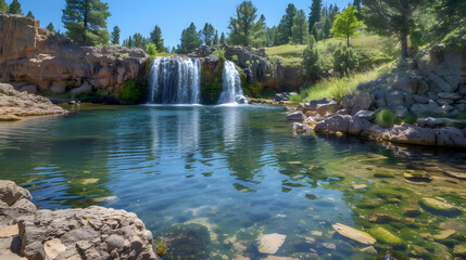 Fototapeta premium Panoramic Waterfall Vista: Breathtaking Wide-Angle Shot of Scenic Beauty and Nature's Majesty 