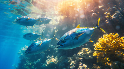 Fototapeta na wymiar Underwater wild world with tuna fishes.