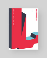 Abstract poster, colorful design. Vertical A4 format. Refraction and distorted 3d letter. Chopped, cut, glitch, broken type composition.
