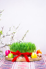 Beautiful Novruz tray on rug with semeni - wheat grass with red ribbon, festive candles on national Azerbaijani carpet table cloth with blooming branch,Spring equinox and new year celebration in Baku.