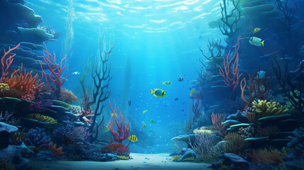 Underwater scene with coral reef and exotic - obrazy, fototapety, plakaty