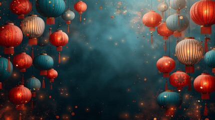 Luminous Traditional Lantern Display: Festive Night Sky Illuminated by Colorful Hanging Lanterns
