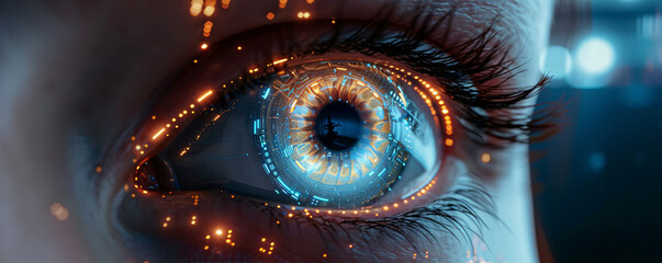 Ai tech and transhumanism, New age of AR / VR vision. AR / VR contact lenses. Digital vision.  