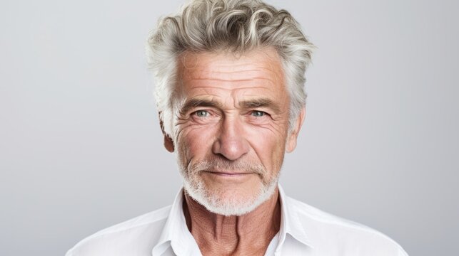 Close-up portrait of a handsome gray-bearded elderly man of 60 years on a white background with a copy space. An old model with well-groomed skin, hairstyle looks at the camera.