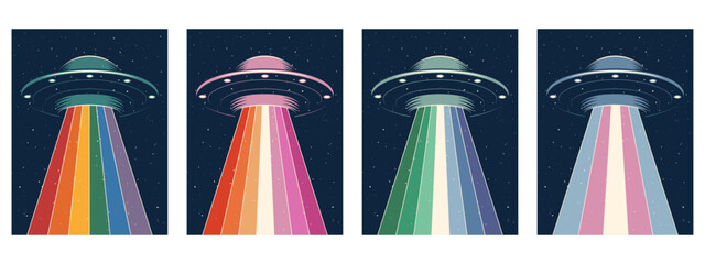 Set of colorful posters for pride day. UFO with LGBTQ pride flag colours light. Vector illustration © Maria