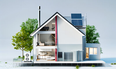modern house building with solar panels and heat pump illustration - obrazy, fototapety, plakaty