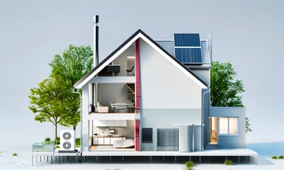 Poster Im Rahmen modern house building with solar panels and heat pump illustration © andreusK