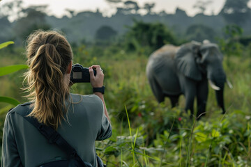A female photographer taking photography on a wildlife elephant.