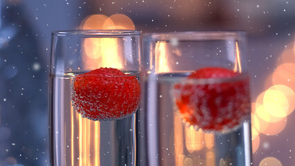 Close up of champagne in wineglasses with strawberries and bubbles on blue background with falling...