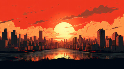 Retro wave style sunset scene, City Skyline
