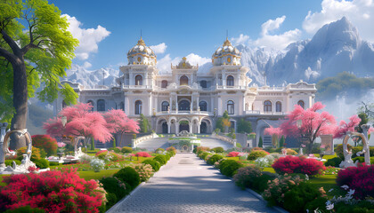 Obraz premium A spectacular royal palace with a beautiful garden, reminiscent of a fairy tale. This digital art 3D illustration exudes fantasy luxury and majesty.