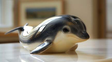 Porcelain figurine of vaquita porpoise or cochito ( Phocoena sinus ) on a wooden surface indoors, ai generated
