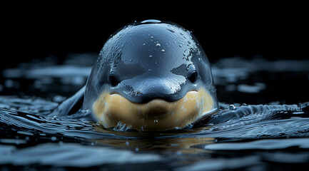 Vaquita porpoise or cochito ( Phocoena sinus ) with a calm expression emerging from dark rippling water,ai generated
