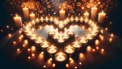 Heart shaped candles on a dark background. Romantic love and harmony wallpaper. - obrazy, fototapety, plakaty