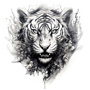 Graphical tiger in tattoo style , black and white illustration.AI generation