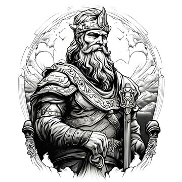 Black and white illustration generated with AI, paganistic god image in tattoo style, 
commander. 