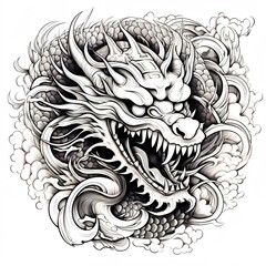 Black and white dragon in tattoo style on white background, Chinesse dragon.AI generation