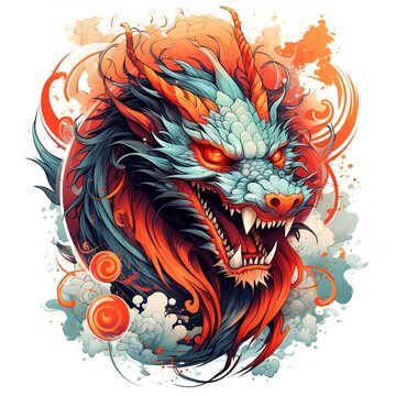 Color dragon in tattoo style on white background, Chinesse dragon.AI generation