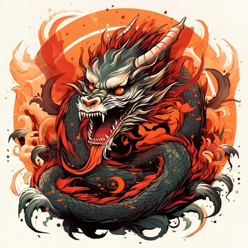 Color dragon in tattoo style on white background, Chinesse dragon.AI generation