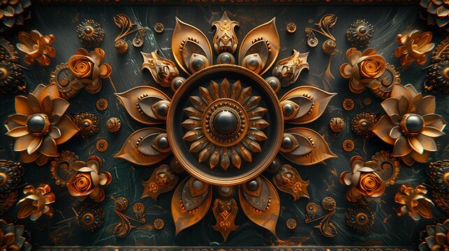 A close up of a floral wood sculpture with intricate gold ornament details, framed in a metal picture frame. The design showcases symmetry and patterns in a circular art piece