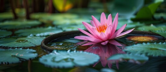 Beautiful pink flower peacefully floating on calm pond water surface in a serene natural setting