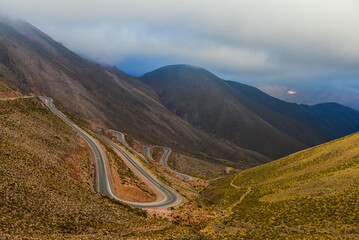 The steep hairpins of the Cuesta de Lipán mountain road on the way down to Purmamarca in the Quebrada Humahuaca, Jujuy province, northwest Argentina.