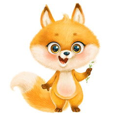 Cute cartoon fluffy red fox with little flower chamomile isolated on a white background