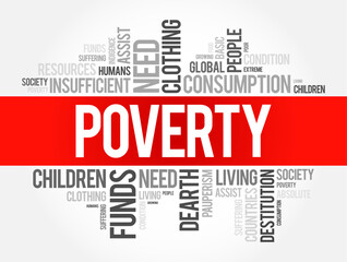 Poverty is the state of having few material possessions or little income, word cloud concept background