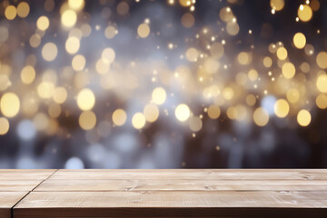 Empty wooden table and bokeh lights background. For product display - obrazy, fototapety, plakaty