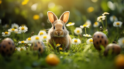 Cute bunny with easter eggs on a green meadow with sunlight, Generative AI - 736073078