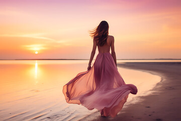 Fototapeta na wymiar Beautiful young woman in a long pink dress on the beach at sunset