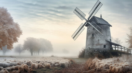 Old wooden mill against the backdrop forest and bright blue sky.