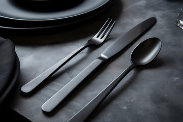 Knife, fork and spoon on black background. Copy space.