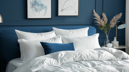White pillows, duvet and duvet case on a blue bed. White bed linen on a blue sofa. Bedroom with bed and bedding and poster frame mock up on the wall. Left side view. Made with generative ai