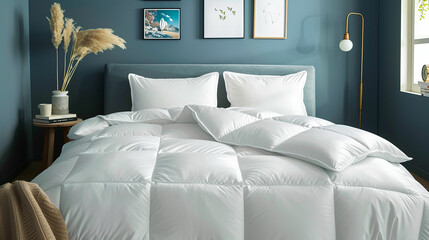 White pillows, duvet and duvet case on a blue bed. White bed linen on a blue sofa. Bedroom with bed and bedding and poster frame mock up on the wall. Left side view. Made with generative ai