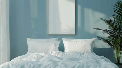 White pillows, duvet and duvet case on a blue bed. White bed linen on a blue sofa. Bedroom with bed and bedding and poster frame mock up on the wall. Left side view. Made with generative ai