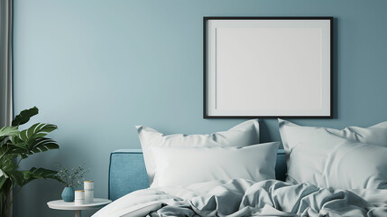 White pillows, duvet and duvet case on a blue bed. White bed linen on a blue sofa. Bedroom with bed and bedding and poster frame mock up on the wall. Left side view. Made with generative ai