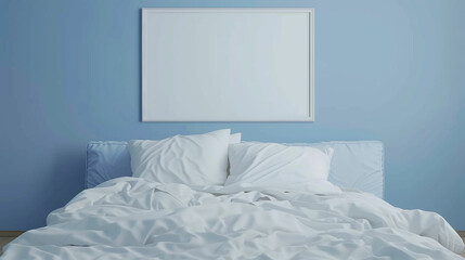 White pillows, duvet and duvet case on a blue bed. White bed linen on a blue sofa. Bedroom with bed and bedding and poster frame mock up on the wall. Left side view. Made with generative ai