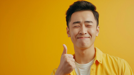 
Retrato de estúdio de um homem chinês confiante posando sobre um fundo amarelo colorido brilhante, piscando e segurando o polegar para cima, - obrazy, fototapety, plakaty
