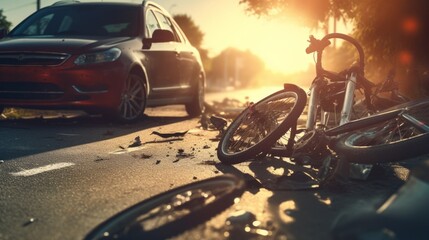 Traffic accident. Bicycle on the road after a car hit a cyclist. Neural network AI generated art