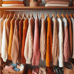 Colorful sweaters on hangers in wardrobe. Stylish clothes hanging on rail.