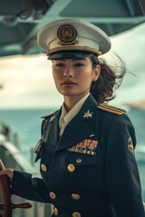 Obraz premium A young female Navy officer in uniform, confidently navigating a ship, representing strength and diversity in the military.